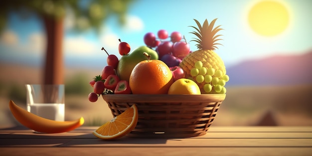 A basket of fruit sits on a table in front of a sunny sky.