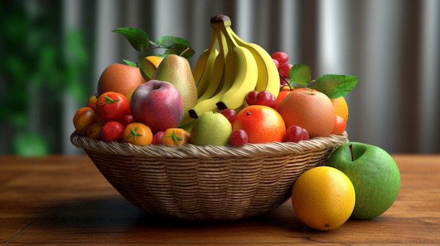 A basket of fruit sits on a table.