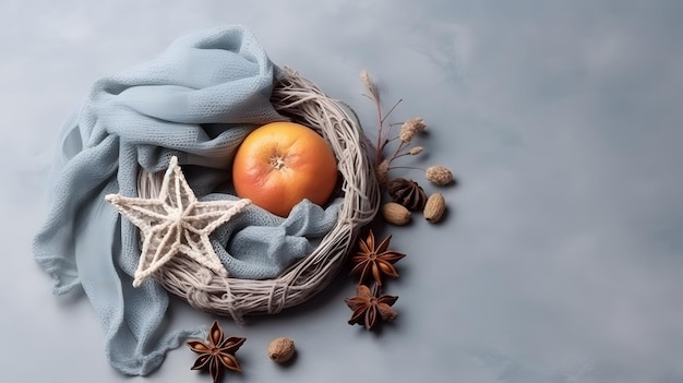 A basket of fruit and star anise on a table