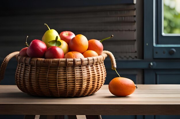 A basket of fruit on a table with a orange on the side