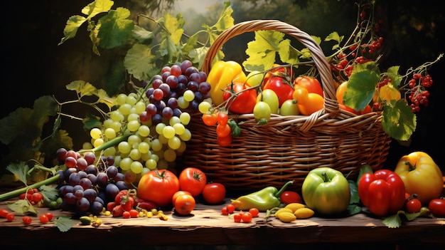 a basket of fruit and vegetables with a basket of grapes and a basket of grapes