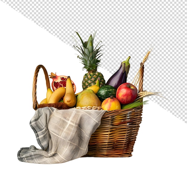 a basket of fruit and vegetables with a plaid cloth in the middle