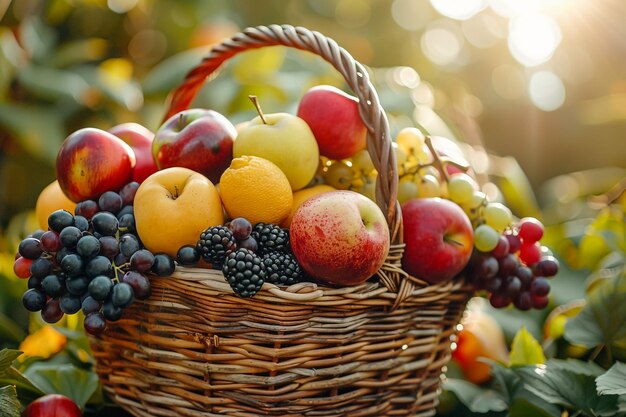 a basket of fruit with a basket of grapes and apples