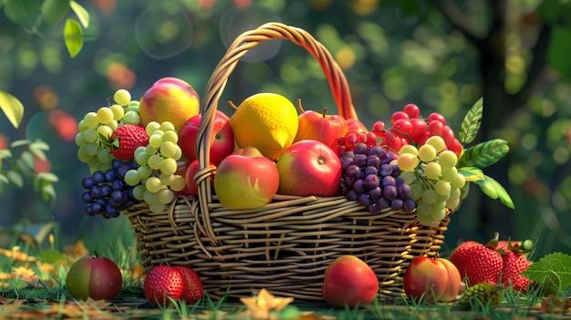 a basket of fruit with a basket of grapes and apples