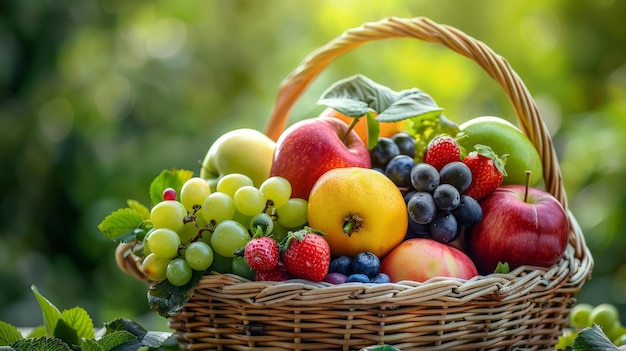 a basket of fruit with a basket of grapes and apples