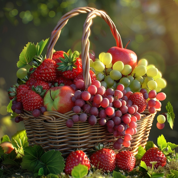 a basket of fruit with a basket of strawberries and apples