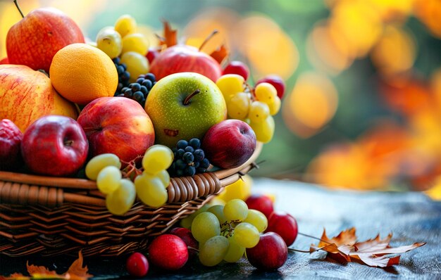 a basket of fruit with a bunch of grapes and a leaf on it