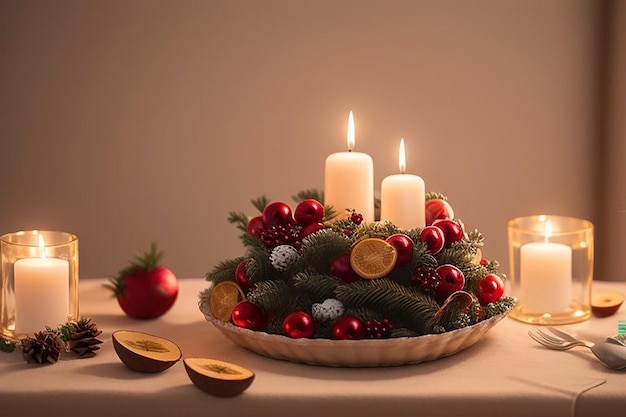 a basket of fruit with a candle and a candle in it