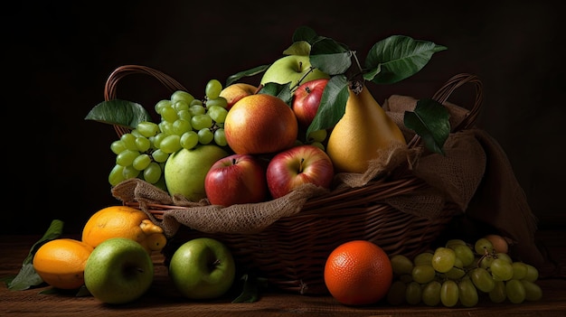 A basket of fruit with a dark background