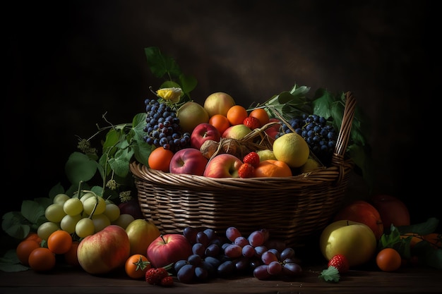 A basket of fruit with a dark background