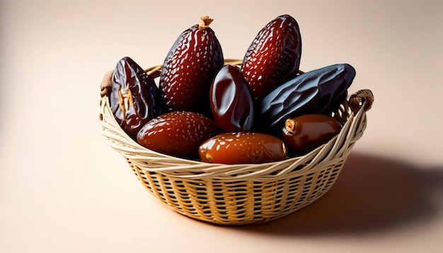 A basket of fruits is shown on a pink background.