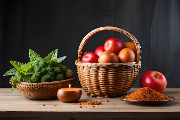 A basket of fruits and spices on a table