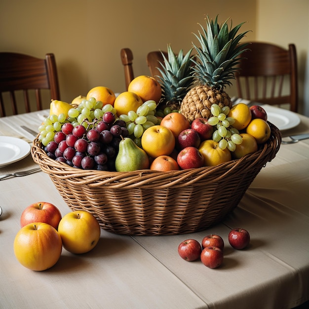 a basket of fruits on a table with other fruits