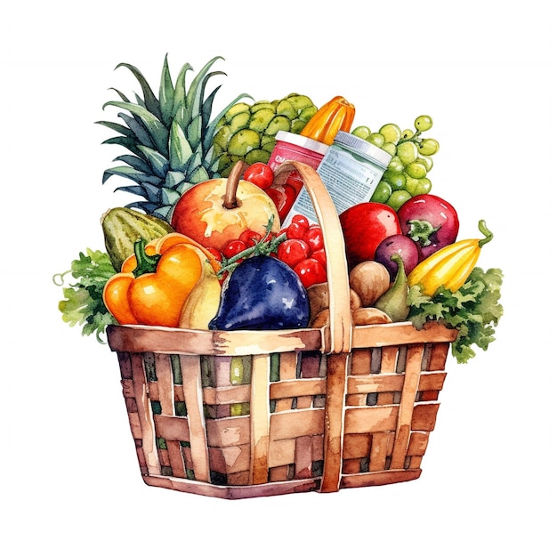 A basket of fruits and vegetables with a handle