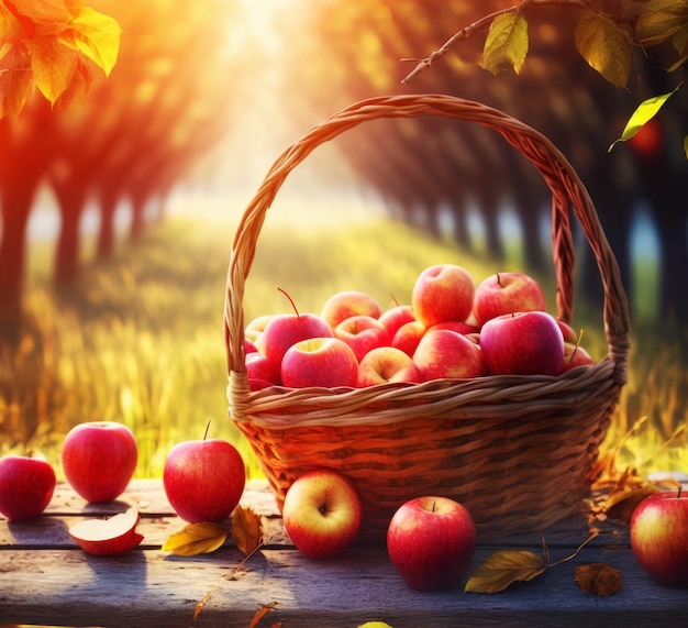 Basket full of apples sitting on top of table next to leaves Generative AI