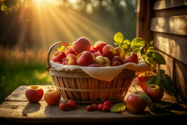 Basket full of apples sitting on wooden table Generative AI