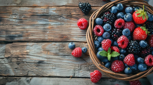 Basket full of assorted fresh berries on rustic wooden table