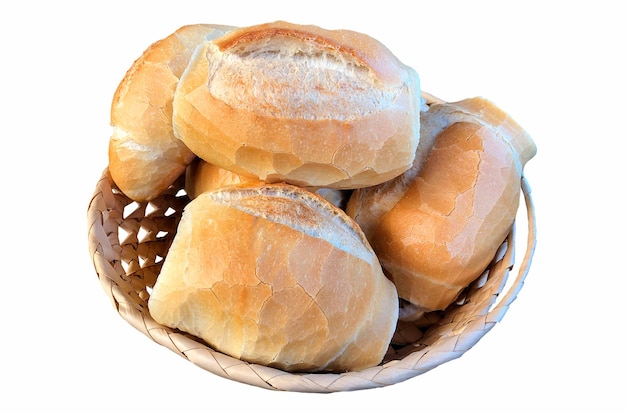 Basket full of bread on white background.