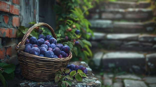 A basket full of delicious plums on the stairs of an old house