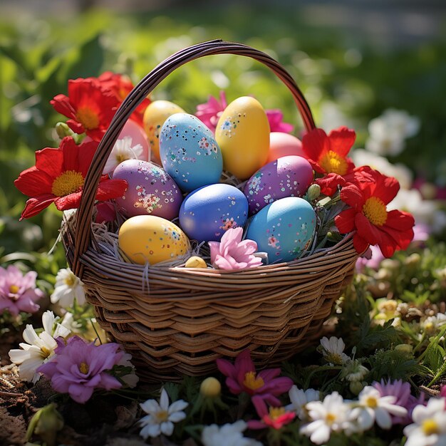 A basket full of easter eggs with flower