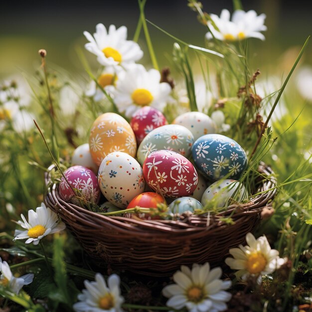 A basket full of easter eggs with flower