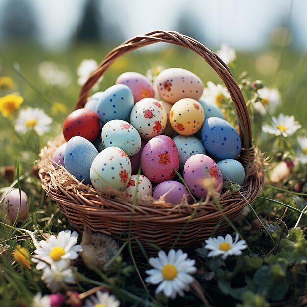 A basket full of easter eggs with flower