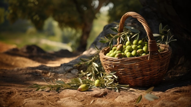 Basket full of green olives and olive tree branch in background