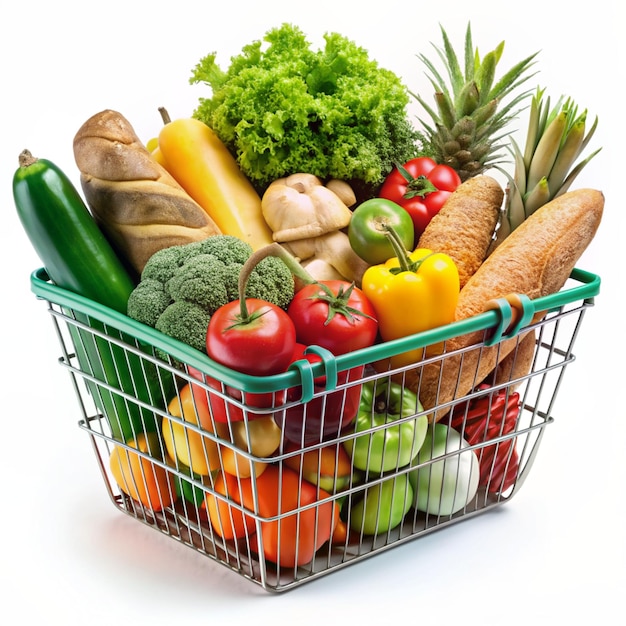 Basket full of groceries and vegetables isolated on a white background