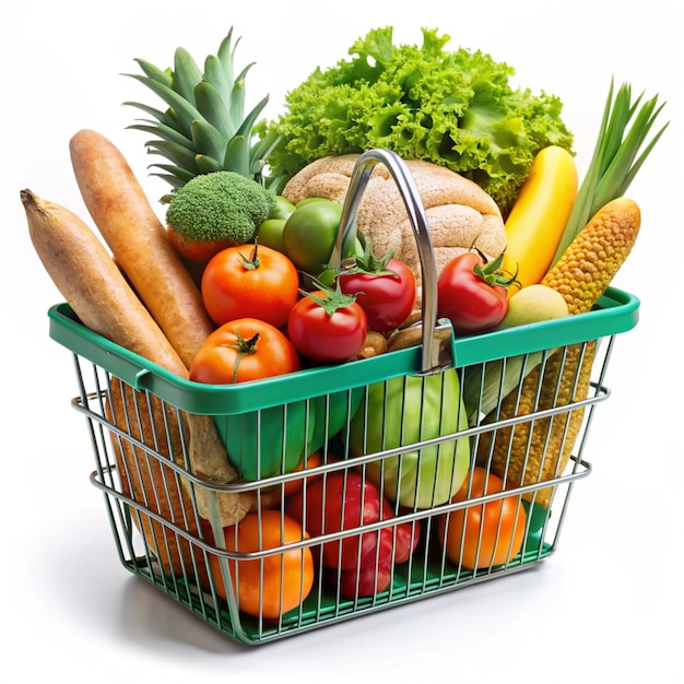 Basket full of groceries and vegetables isolated on a white background