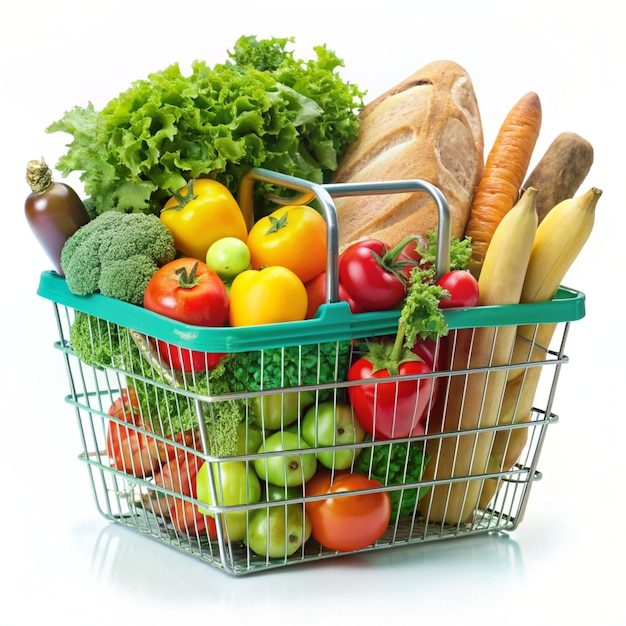 Basket full of groceries and vegetables isolated on a white background