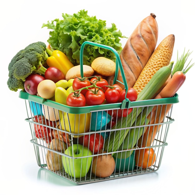 Basket full of groceries and vegetables isolated on a white background