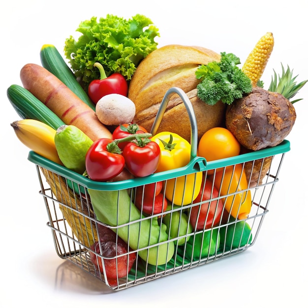 Basket full of groceries and vegetables isolated on a white background