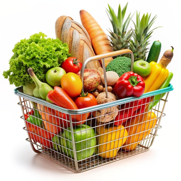 Basket full of groceries and vegetables isolated on a white background