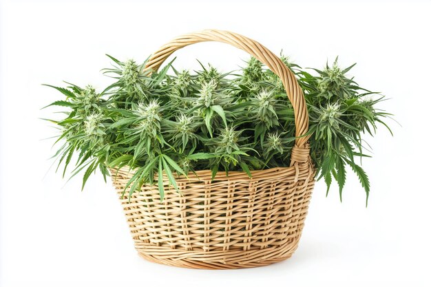 basket full of marijuana plants The basket is brown and has a woven design