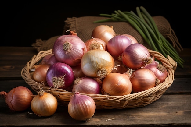 a basket full of onions on a wooden table