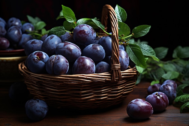 a basket full of plums on a table