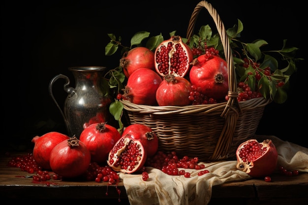 a basket full of pomegranates on a table