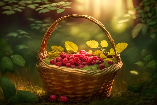 Basket full of raspberries in the forest Generative AI