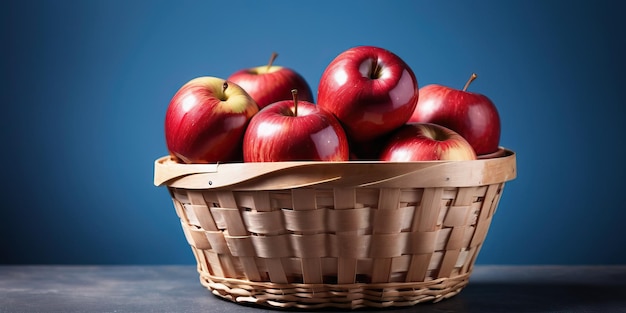 a basket full of red apples on a blue background