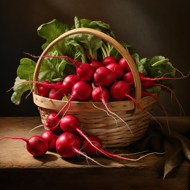 A basket full of red radishes with greens on a table