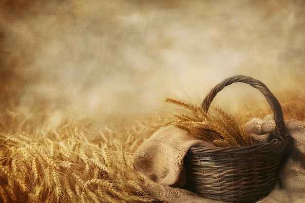 Basket full of ripe ears wheat against a background of wheat field Harvest festival