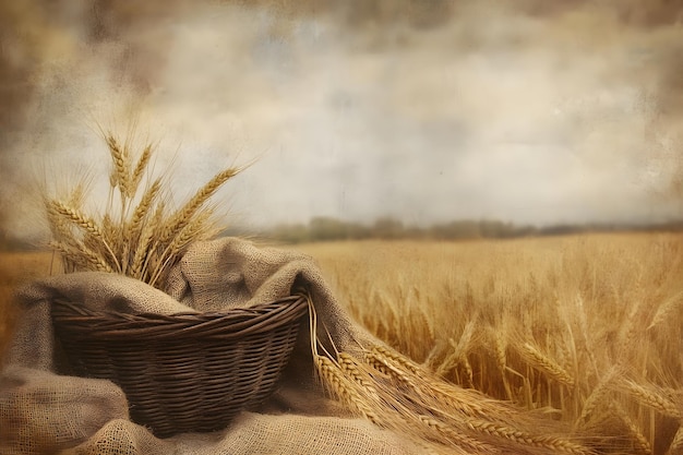 Basket full of ripe ears wheat against a background of wheat field Harvest festival