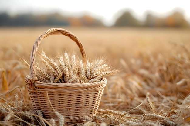 Basket full of ripe ears wheat against a background of wheat field Harvest festival