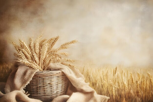 Basket full of ripe ears wheat against a background of wheat field Harvest festival