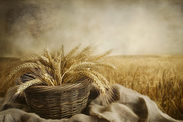 Basket full of ripe ears wheat against a background of wheat field Harvest festival