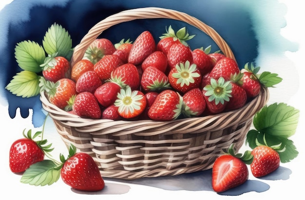 basket full of strawberries with leaves watercolor illustration fresh fruits healthy eating