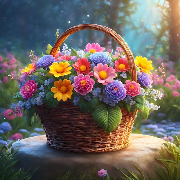 a basket full of various flowers