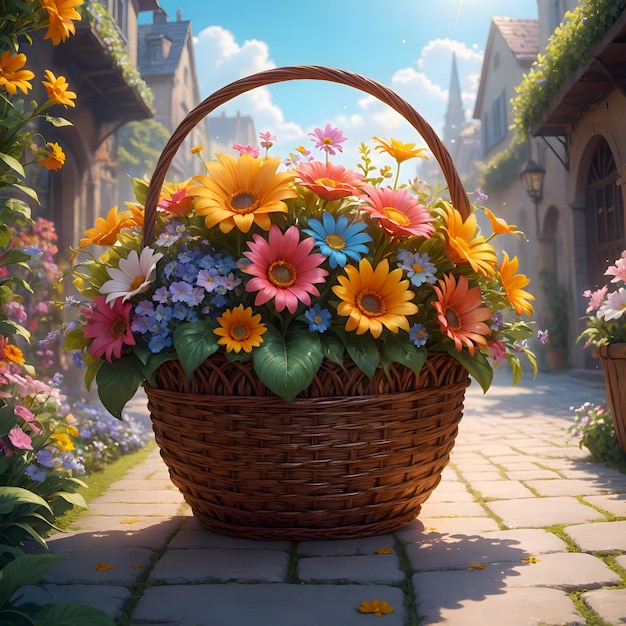 a basket full of various flowers