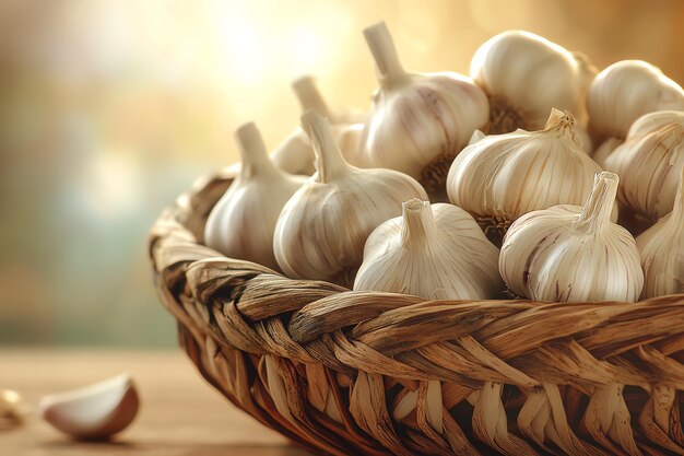 Photo a basket of garlic with a light shining on the background