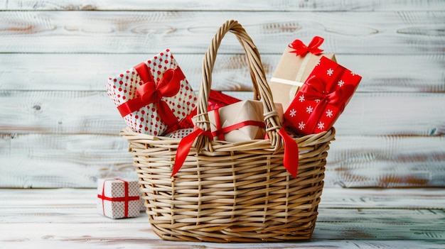 Photo a basket of gift wrapped presents with a red bow